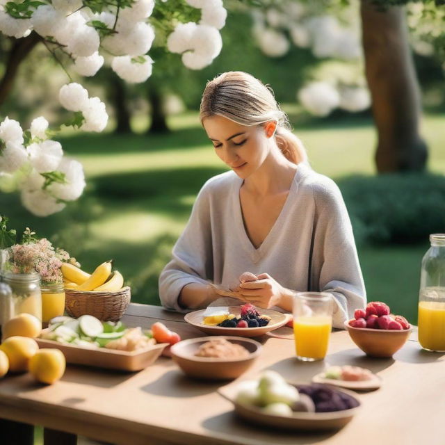 A serene scene of a person practicing mindful eating, sitting at a wooden table with a variety of healthy foods