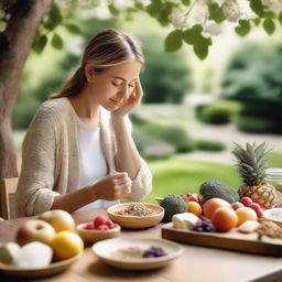 A serene scene of a person practicing mindful eating, sitting at a wooden table with a variety of healthy foods