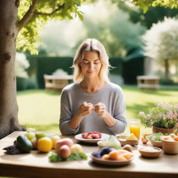 A serene scene of a person practicing mindful eating, sitting at a wooden table with a variety of healthy foods