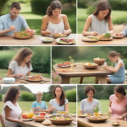 A series of images depicting different scenes of mindful eating