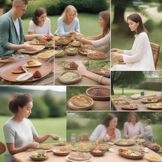 A series of images depicting different scenes of mindful eating