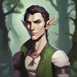 A detailed fantasy character design of a half-elf, half-human from Dungeons & Dragons