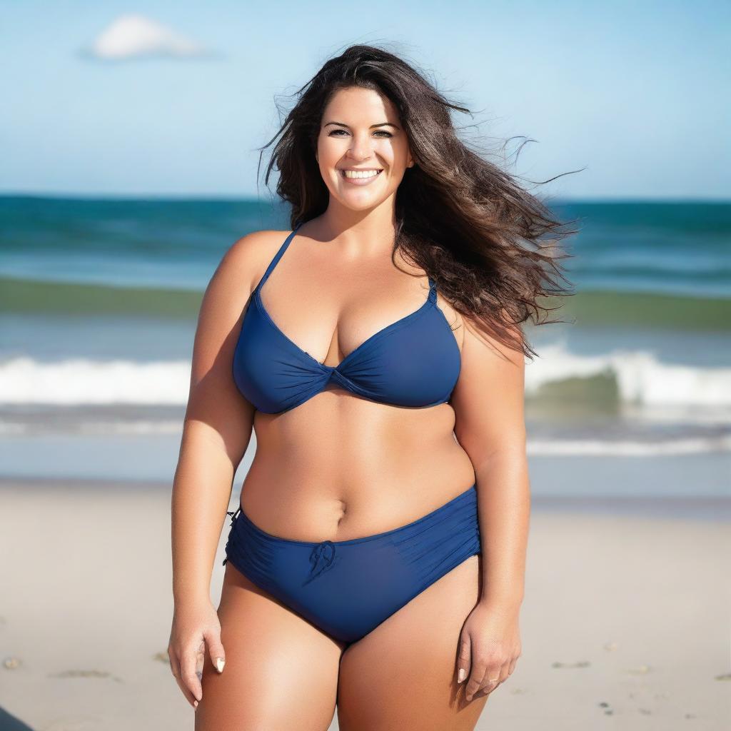 A full-figured, curvy brunette woman wearing a bikini, standing confidently on a sunny beach with gentle waves in the background