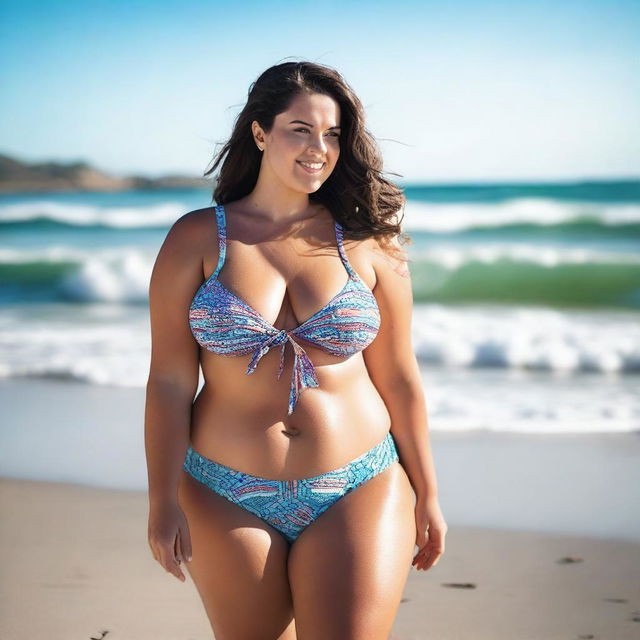 A full-figured, curvy brunette woman wearing a bikini, standing confidently on a sunny beach with gentle waves in the background