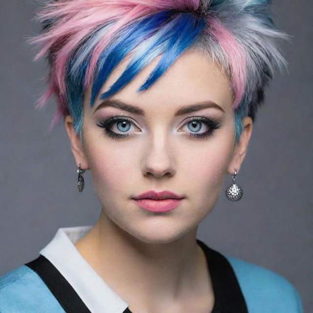 Emo-style golfer with pink skin, blue eyes, and multicolored hair in shades of gray, white, and black. She adorns long earrings.