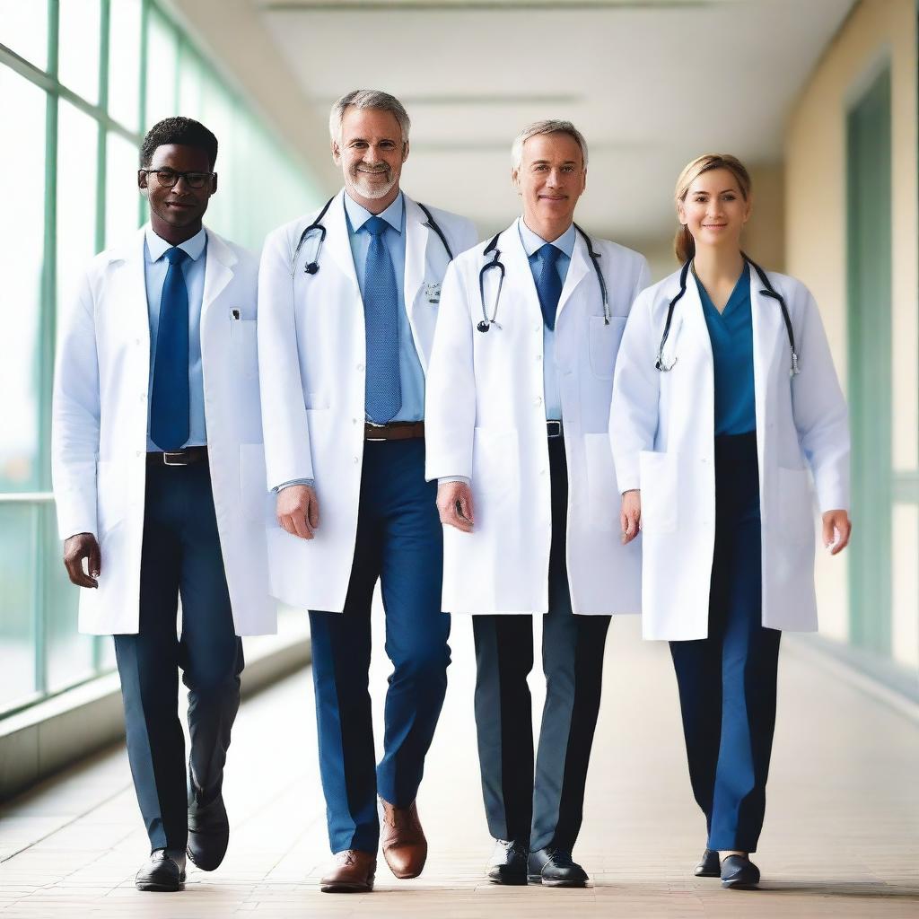 A group of doctors walking together on a walkway, wearing white lab coats and stethoscopes around their necks