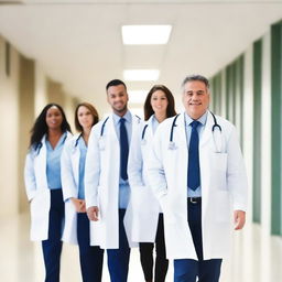 A group of doctors walking together on a walkway, wearing white lab coats and stethoscopes around their necks