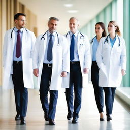 A group of doctors walking together on a walkway, wearing white lab coats and stethoscopes around their necks