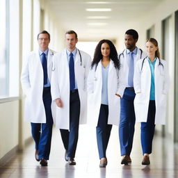 A group of doctors walking together on a walkway, wearing white lab coats and stethoscopes around their necks