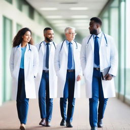 A group of doctors walking together on a walkway, wearing white lab coats and stethoscopes around their necks