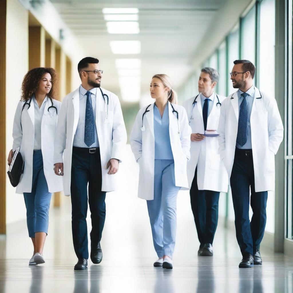 A group of doctors walking together on a walkway, wearing white lab coats and stethoscopes around their necks