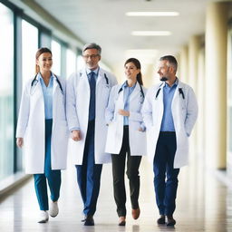 A group of doctors walking together on a walkway, wearing white lab coats and stethoscopes around their necks