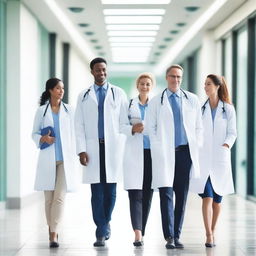 A group of doctors walking together on a walkway, wearing white lab coats and stethoscopes around their necks