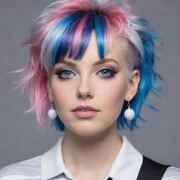 Emo-style golfer with pink skin, blue eyes, and multicolored hair in shades of gray, white, and black. She adorns long earrings.