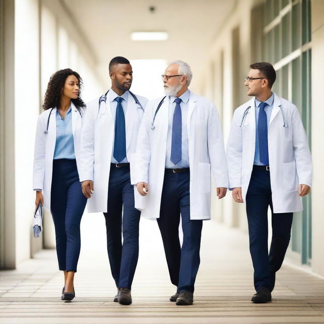 A group of doctors walking together on a hospital walkway, dressed in professional attire with lab coats and stethoscopes