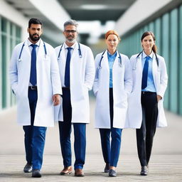 A group of doctors walking together on a hospital walkway, dressed in professional attire with lab coats and stethoscopes