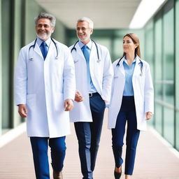 A group of doctors walking together on a hospital walkway, dressed in professional attire with lab coats and stethoscopes