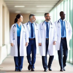 A group of doctors walking together on a hospital walkway, dressed in professional attire with lab coats and stethoscopes