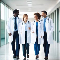 A group of doctors walking together on a hospital walkway