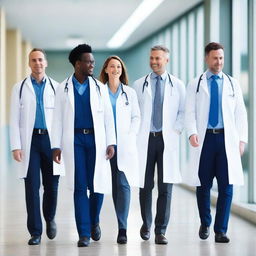 A group of doctors walking together on a hospital walkway