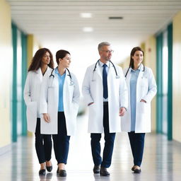 A group of doctors walking together on a hospital walkway