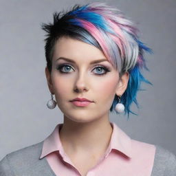 Emo-style golfer with pink skin, blue eyes, and multicolored hair in shades of gray, white, and black. She adorns long earrings.