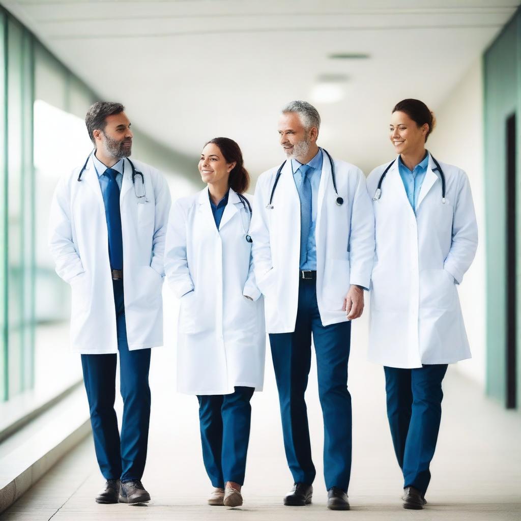 A group of doctors walking together on a hospital walkway