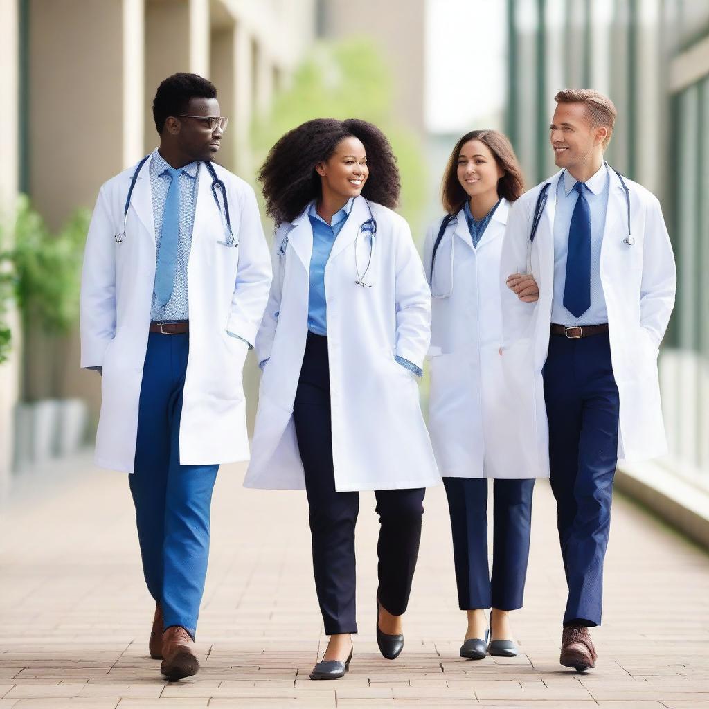 A group of doctors walking together on a hospital walkway