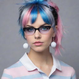 Emo-style golfer with pink skin, blue eyes, and multicolored hair in shades of gray, white, and black. She adorns long earrings.