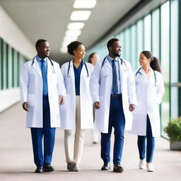 A group of doctors walking together on a hospital walkway