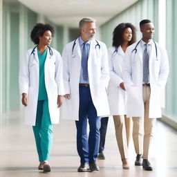 A group of doctors walking together on a hospital walkway