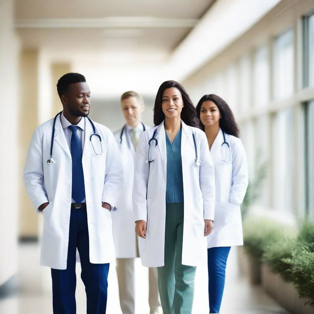 A group of doctors walking together on a hospital walkway