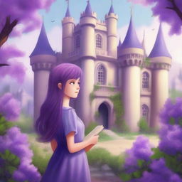 Create a book cover featuring an academy castle surrounded by wisterias