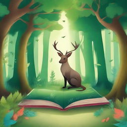 Create a captivating book cover featuring an enchanting forest with mystical creatures