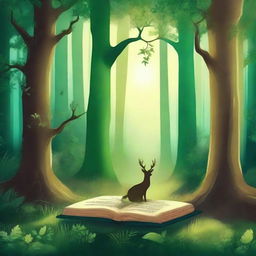 Create a captivating book cover featuring an enchanting forest with mystical creatures