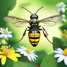 A detailed and realistic illustration of a wasp in its natural habitat, showcasing its intricate body structure and vibrant colors