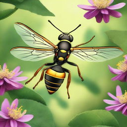 A detailed and realistic illustration of a wasp in its natural habitat, showcasing its intricate body structure and vibrant colors