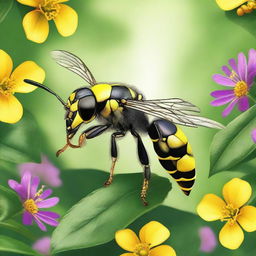 A detailed and realistic illustration of a wasp in its natural habitat, showcasing its intricate body structure and vibrant colors