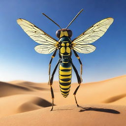 A detailed image of a wasp man holding a rod with a wasp sting on the end