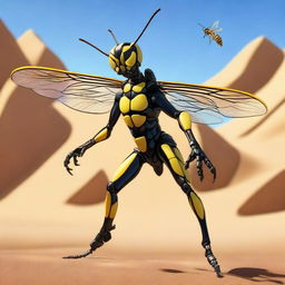 A detailed image of a wasp man holding a rod with a wasp sting on the end