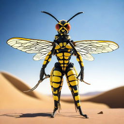 A detailed image of a wasp man holding a rod with a wasp sting on the end