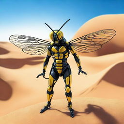 A detailed image of a wasp man holding a rod with a wasp sting on the end