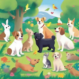 A delightful scene featuring a variety of pets, including dogs, cats, rabbits, and birds, all in a happy and playful mood