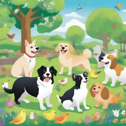 A delightful scene featuring a variety of pets, including dogs, cats, rabbits, and birds, all in a happy and playful mood