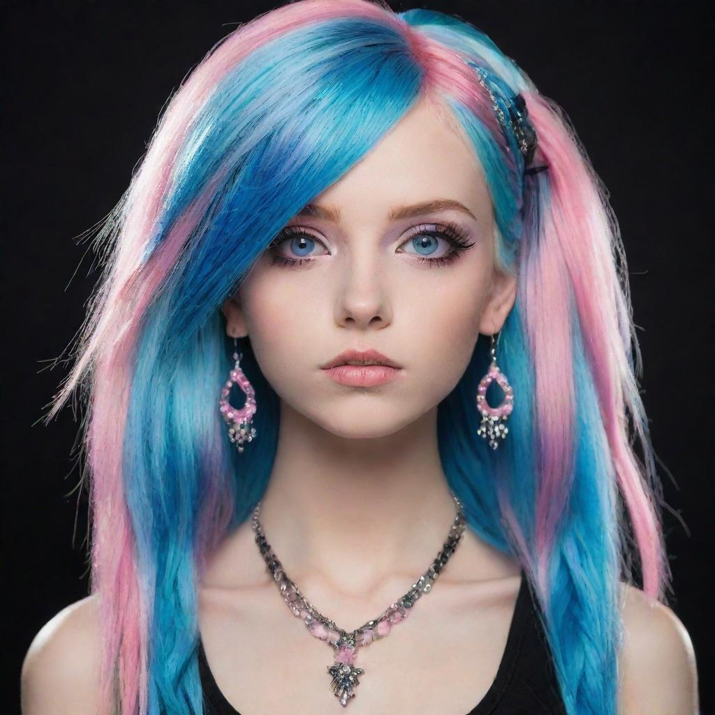 An emo character with pink skin, expressive blue eyes, and a long, multicolored hair that blends gray, white, and black hues. She is wearing long earrings.