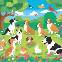 A delightful scene featuring a variety of pets, including dogs, cats, rabbits, and birds, all in a happy and playful mood