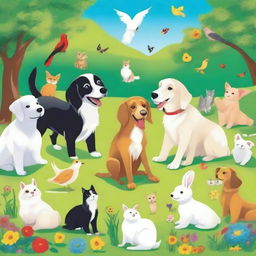 A delightful scene featuring a variety of pets, including dogs, cats, rabbits, and birds, all in a happy and playful mood