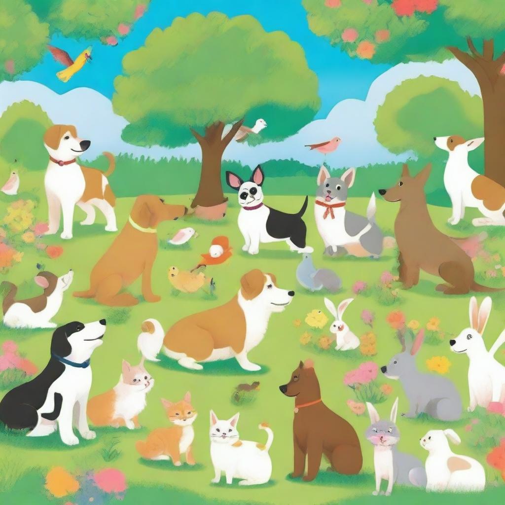 A delightful scene featuring dozens of different pets, including dogs, cats, rabbits, and birds, all in a happy and playful mood