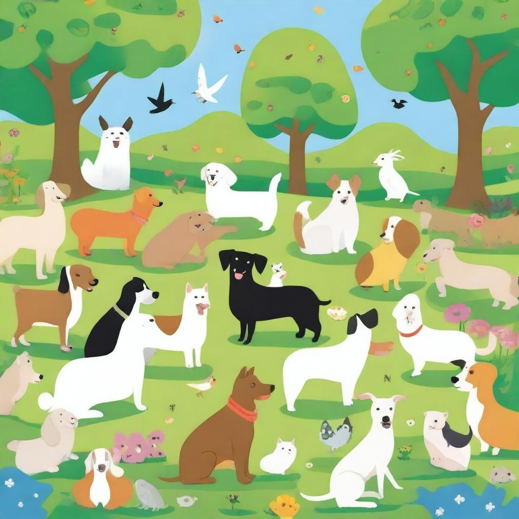 A delightful scene featuring dozens of different pets, including dogs, cats, rabbits, and birds, all in a happy and playful mood