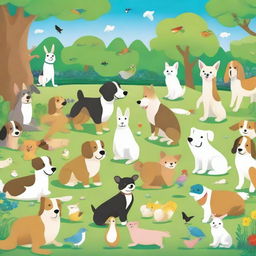 A delightful scene featuring dozens of different pets, including dogs, cats, rabbits, and birds, all in a happy and playful mood